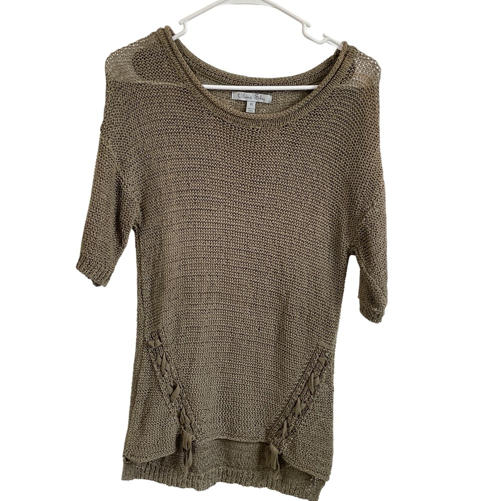 Olivia Sky Womens XS Olive Green Open Knit Lace Up Detail Mesh Sweater Grunge
